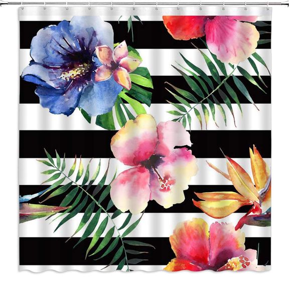 watercolor flowers shower curtain black and white stripes tropical palm tree green leaves pink florals,70x70 inch polyester
watercolor flowers shower curtain black and white stripes tropical palm tree green leaves pink florals,70x70 inch polyester