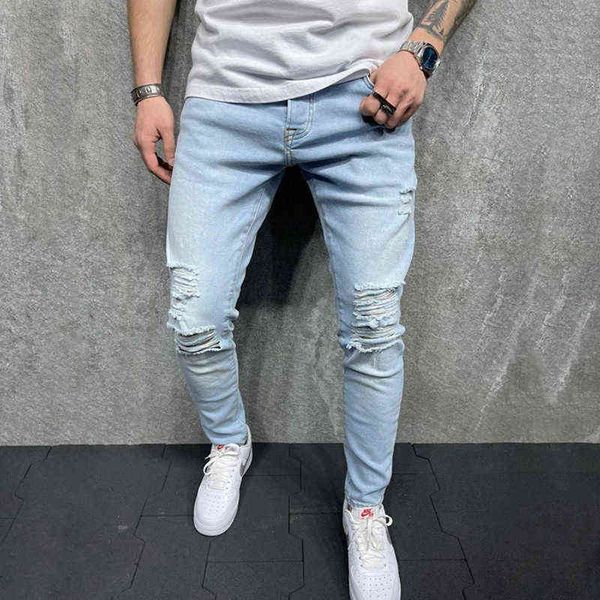 men's jeans 2021 men's korean version hole slim small leg jeans pants, Blue