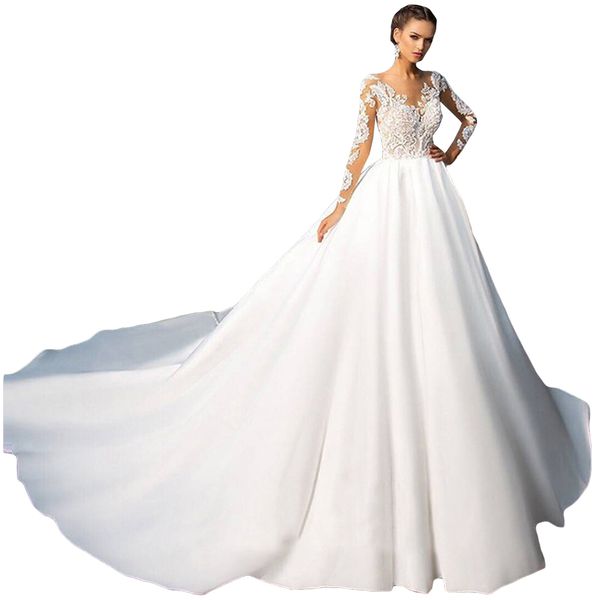 elegant a line wedding dresses v-neck full-sleeve race applique wedding gown backless sweep train vestidos de novia, White
elegant a line wedding dresses v-neck full-sleeve race applique wedding gown backless sweep train vestidos de novia, White
