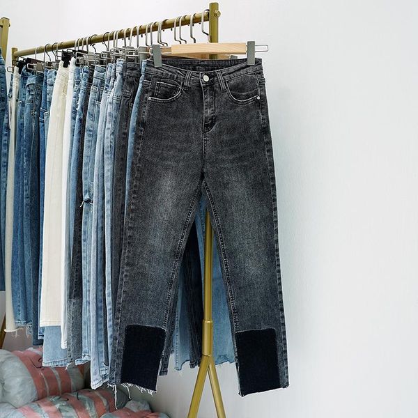 women's jeans women versatile stretch was thin ladies spring high waist retro trousers color matching split, Blue
women's jeans women versatile stretch was thin ladies spring high waist retro trousers color matching split, Blue