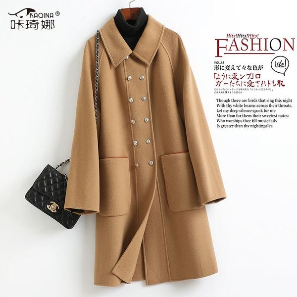 women's wool & blends 2021 autumn and winter coat double-sided long solid color double breasted, Black
women's wool & blends 2021 autumn and winter coat double-sided long solid color double breasted, Black