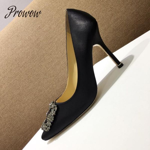 prowow spring satin pointed toe pumps slip on thin high heels party wedding shoes women dress, Black