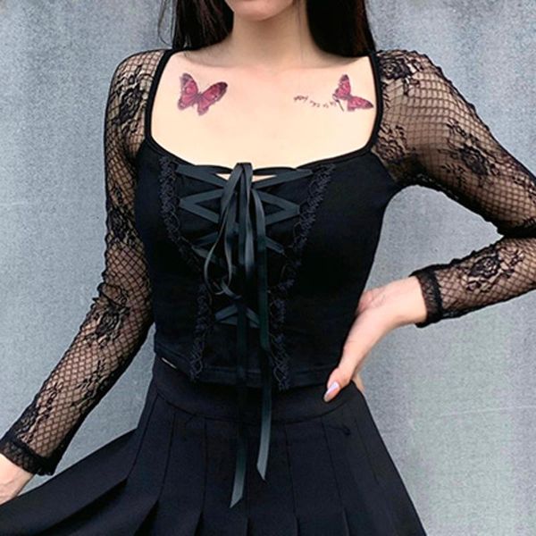 women's t-shirt women winter shirt gothic retro elegant black lace long sleeve hollow backless bandage short top, White
women's t-shirt women winter shirt gothic retro elegant black lace long sleeve hollow backless bandage short top, White