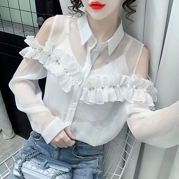 women's blouses & shirts women blouse long sleeve 2021 summer ruffled diamond off-the-shoulder micro-transparent sunscreen shirt mesh 9, White
women's blouses & shirts women blouse long sleeve 2021 summer ruffled diamond off-the-shoulder micro-transparent sunscreen shirt mesh 9, White