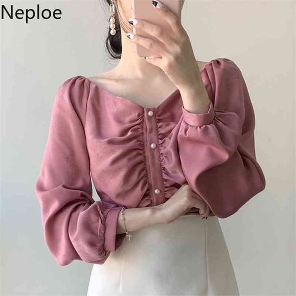 retro style blusas square collar solid color long-sleeved ladies blouse single breasted chiffon shirt women 210422, White 
retro style blusas square collar solid color long-sleeved ladies blouse single breasted chiffon shirt women 210422, White