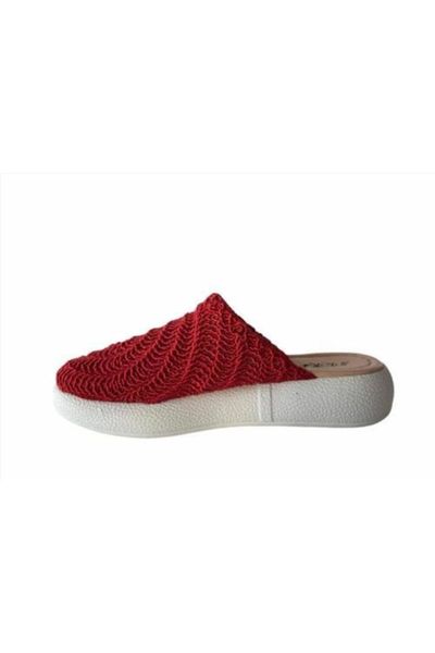 red womens knit detailed slippers, Black