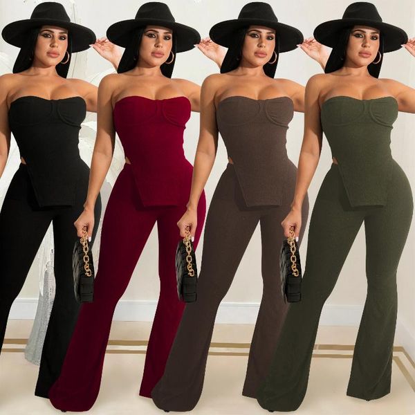 women's two piece pants set knitted strapless crop and flare tracksuit autumn fitness outfit, White
women's two piece pants set knitted strapless crop and flare tracksuit autumn fitness outfit, White