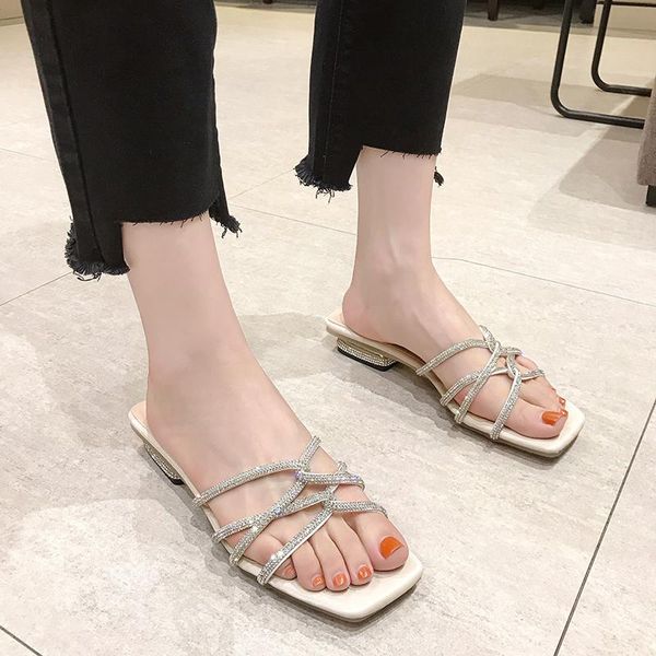 slippers cross belt open toe slides women crystal heel square summer shiny low sandals beige green, Black
slippers cross belt open toe slides women crystal heel square summer shiny low sandals beige green, Black