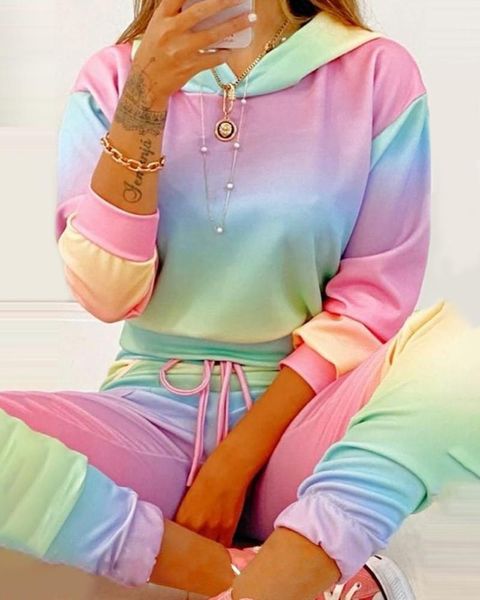 women's two piece pants 2021 fashion loose hooded suit ladies gradient color printing and dyeing long-sleeved trousers, White
women's two piece pants 2021 fashion loose hooded suit ladies gradient color printing and dyeing long-sleeved trousers, White