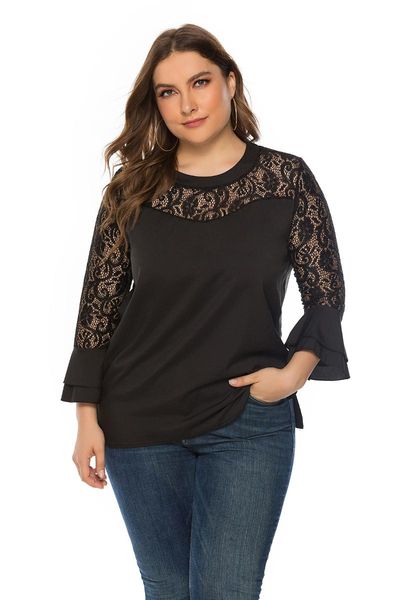 plus size t-shirt summer clothes for women long-sleeved solid color lace stitching pullover loose round neck blouse simple hollow dress, Black
plus size t-shirt summer clothes for women long-sleeved solid color lace stitching pullover loose round neck blouse simple hollow dress, Black