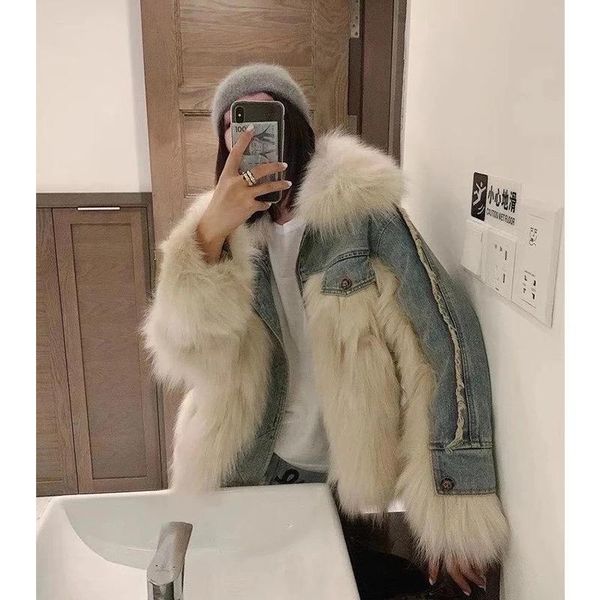 women's fur & faux korean loose stitched denim coat versatile thin 2021 winter bf style foreign, Black
women's fur & faux korean loose stitched denim coat versatile thin 2021 winter bf style foreign, Black