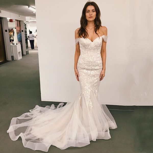 off the shoulder lace mermaid wedding dresses short sleeves appliqued sweep train tulle lace-up bridal gowns, White
off the shoulder lace mermaid wedding dresses short sleeves appliqued sweep train tulle lace-up bridal gowns, White