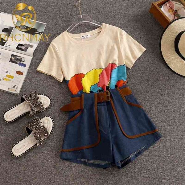 summer women short sleeves print t-shirt + high waist denim patchwork girls 2 pcs sets female suits with belt 210506, White
summer women short sleeves print t-shirt + high waist denim patchwork girls 2 pcs sets female suits with belt 210506, White
