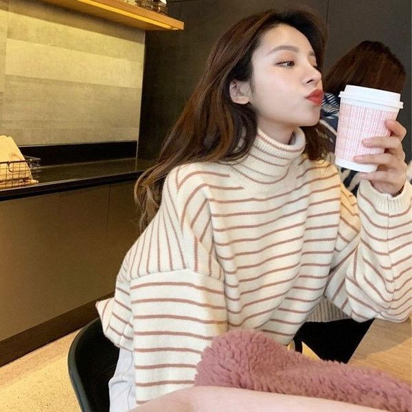 women's sweaters autumn and winter warm striped high neck sweater for female students with loose pullover thin bottomed, White;black
women's sweaters autumn and winter warm striped high neck sweater for female students with loose pullover thin bottomed, White;black