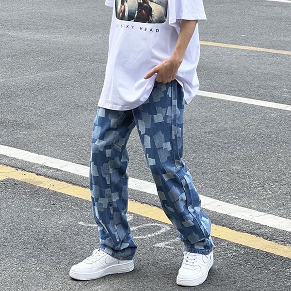 men's jeans color block streetwear washed checkered couple trousers straight retro harajuku baggy autumn denim oversize, Blue
men's jeans color block streetwear washed checkered couple trousers straight retro harajuku baggy autumn denim oversize, Blue