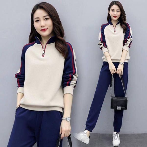 women's two piece pants autumn winter long sleeved sweater set stand collar stitching casual apricot blue clothes, White
women's two piece pants autumn winter long sleeved sweater set stand collar stitching casual apricot blue clothes, White