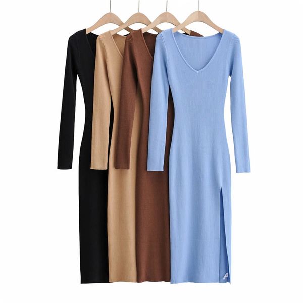 casual dresses tangada fashion women solid elegant v neck sweater dress long sleeve ladies side open midi 4p20, Black;gray 
casual dresses tangada fashion women solid elegant v neck sweater dress long sleeve ladies side open midi 4p20, Black;gray