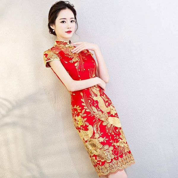 elegant lace standing collar hidden zipper gold sequin embroidery improved cheongsam wedding party dress prom gown vestidos ethnic clothing, Red
elegant lace standing collar hidden zipper gold sequin embroidery improved cheongsam wedding party dress prom gown vestidos ethnic clothing, Red