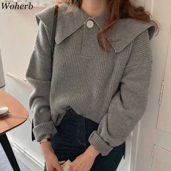 women's sweaters woherb korean fall 2021 women pullover casual sailor collar solid sweater pull femme ladies all match loose knitted ju, White;black
women's sweaters woherb korean fall 2021 women pullover casual sailor collar solid sweater pull femme ladies all match loose knitted ju, White;black