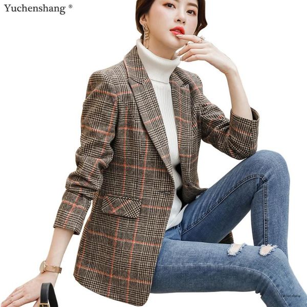 women's suits & blazers high-quality plaid women blazer with pockets england style single button jacket fashion outwear loose coat, White;black
women's suits & blazers high-quality plaid women blazer with pockets england style single button jacket fashion outwear loose coat, White;black