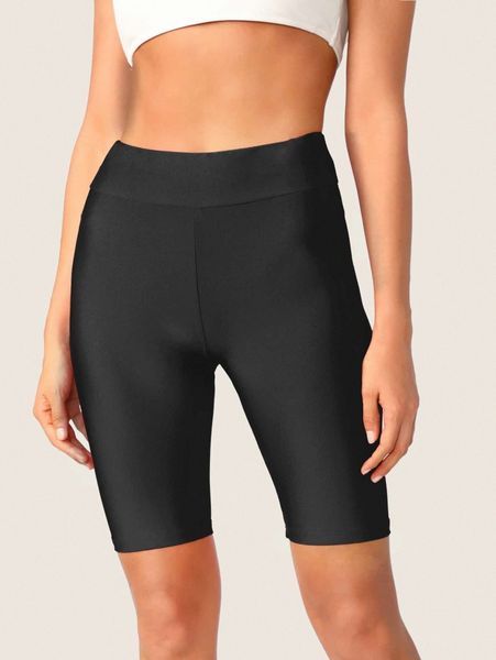 solid wide waistband cycling shorts r886#, Black