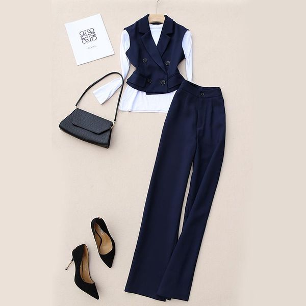 women's two piece pants arrival retro short design suit vest set office lady chic double breasted + wide leg trousers, White 
women's two piece pants arrival retro short design suit vest set office lady chic double breasted + wide leg trousers, White