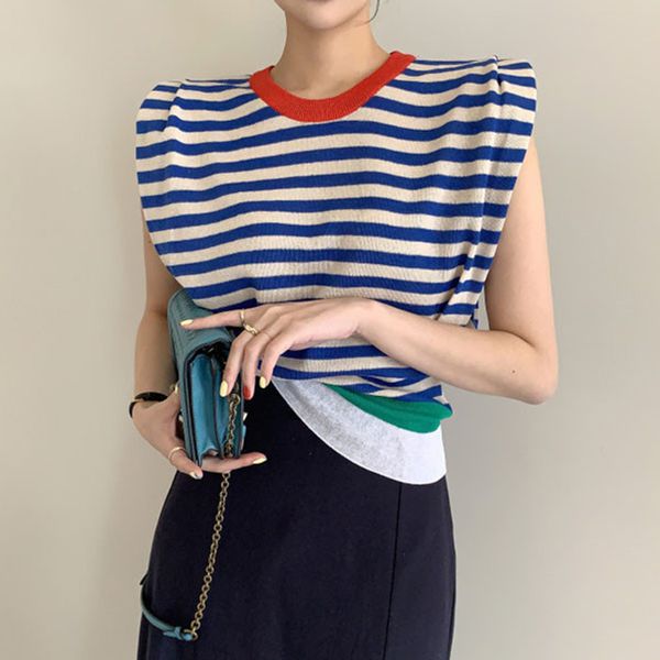 women's t-shirt temperament round neck contrast color striped t-shirt slim slimming shoulder pad sleeveless ice silk sweater women, White
women's t-shirt temperament round neck contrast color striped t-shirt slim slimming shoulder pad sleeveless ice silk sweater women, White