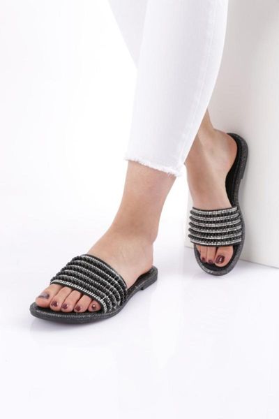 slippers women crystal cubic zirconia, Black