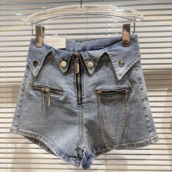 women's shorts flannel folding denim waist double pocket chain 2021 summer street punk 3-point fashion, White;black
women's shorts flannel folding denim waist double pocket chain 2021 summer street punk 3-point fashion, White;black