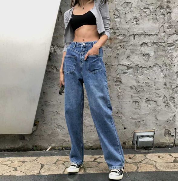 fashion jeans wind women's autumn 2021 front pocket high waist loose and slim reverse design floor dragging pants, Blue
fashion jeans wind women's autumn 2021 front pocket high waist loose and slim reverse design floor dragging pants, Blue