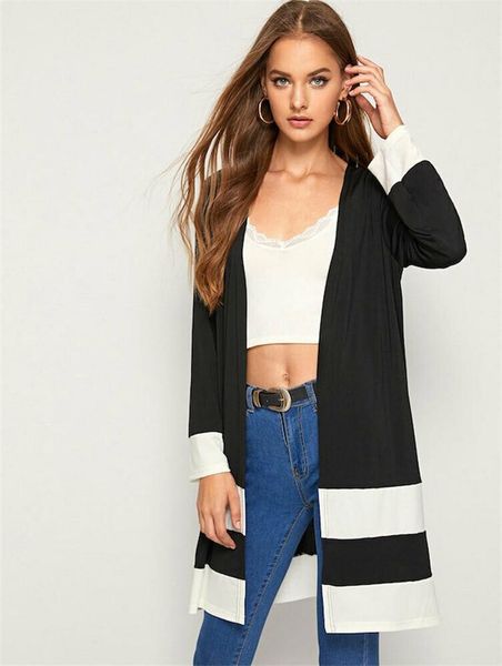 black/white contrast color no placket long pocket sleeve coat spring/autumn wild casual simple cardigan windbreaker women's jackets, Black;brown
black/white contrast color no placket long pocket sleeve coat spring/autumn wild casual simple cardigan windbreaker women's jackets, Black;brown