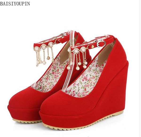 the thick soled red wedding shoes women's high-heeled shoes, bride's wedges and women dress, Black 
the thick soled red wedding shoes women's high-heeled shoes, bride's wedges and women dress, Black