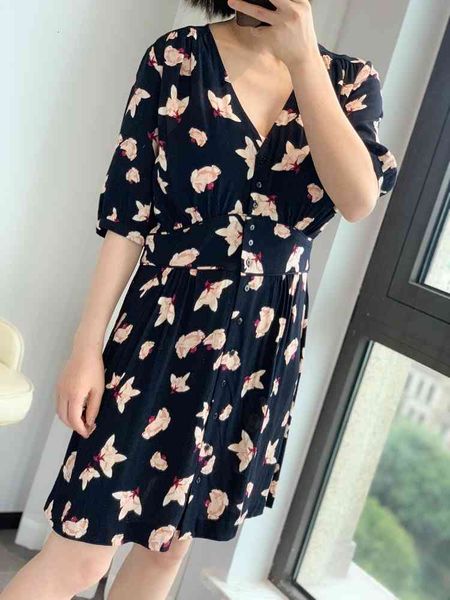 dress v-neck five-point sleeve printed flower cxrk, Black;gray