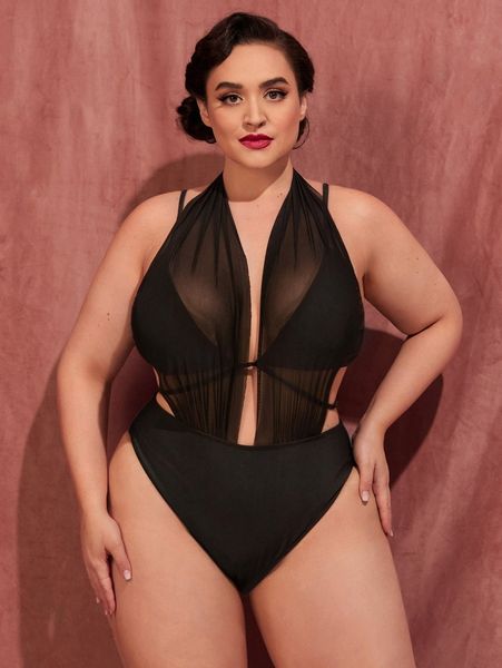 plus plain high waisted one piece swimsuit 470y#, Black