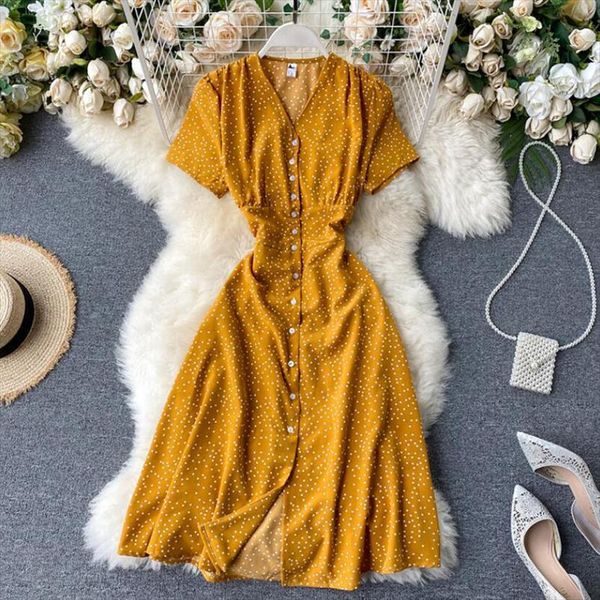 vintage polka dot print chiffon women dress summer v neck single breasted short sleeve dresses casual vestidos mujer, Black;gray
vintage polka dot print chiffon women dress summer v neck single breasted short sleeve dresses casual vestidos mujer, Black;gray