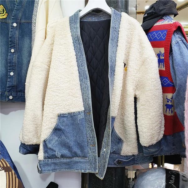 women's jackets korean faux lambswool patchwork denim parkas winter women warm cotton padded liner v-neck long sleeve jeans jacket casu, Black;brown
women's jackets korean faux lambswool patchwork denim parkas winter women warm cotton padded liner v-neck long sleeve jeans jacket casu, Black;brown