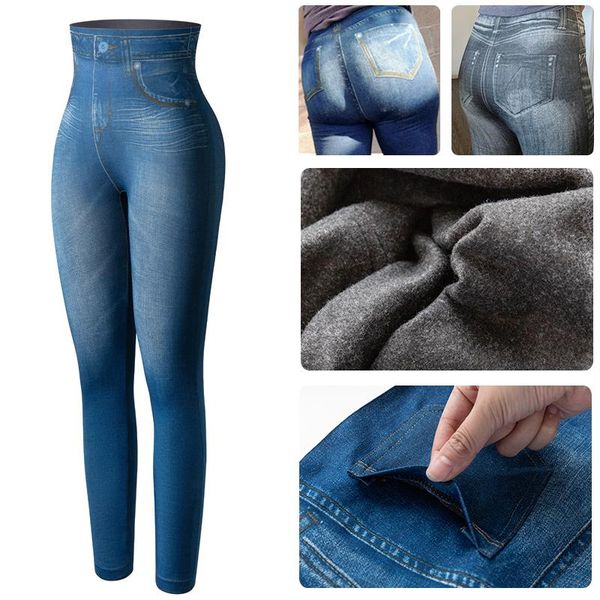 women's leggings faux denim warm high waist fleece lined with pocket jeans printing skinny pants women slimming fitness leggins, Black
women's leggings faux denim warm high waist fleece lined with pocket jeans printing skinny pants women slimming fitness leggins, Black