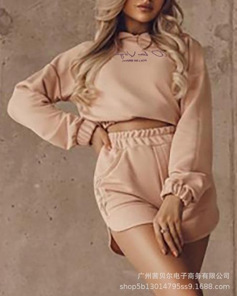 women's tracksuits 2021 autumn fashion women hooded letter printing short + casual shorts set, Gray 
women's tracksuits 2021 autumn fashion women hooded letter printing short + casual shorts set, Gray