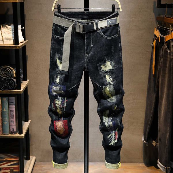 american street style fashion men jeans destroyed embroidery designer elastic slim ripped hip hop denim pencil pants, Blue
american street style fashion men jeans destroyed embroidery designer elastic slim ripped hip hop denim pencil pants, Blue
