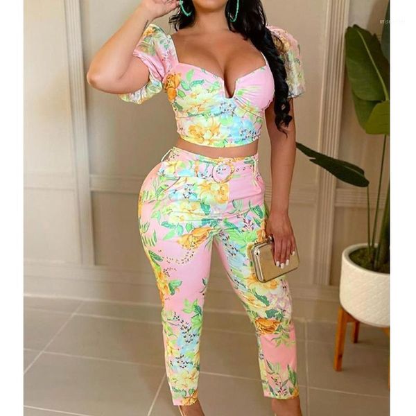 women's two piece pants summer 2 high waist sets camis set women pink floral print casual short, White 
women's two piece pants summer 2 high waist sets camis set women pink floral print casual short, White