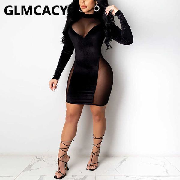 women long sleeve mesh insert bodycon dress velvet mini dresses 210702, Black;gray 
women long sleeve mesh insert bodycon dress velvet mini dresses 210702, Black;gray