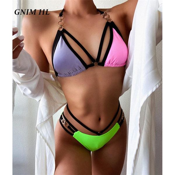 women's swimwear gnim bandage backless swimsuit women stitcing color bikini set 2021 2 pieces string swimming suit, White;black
women's swimwear gnim bandage backless swimsuit women stitcing color bikini set 2021 2 pieces string swimming suit, White;black