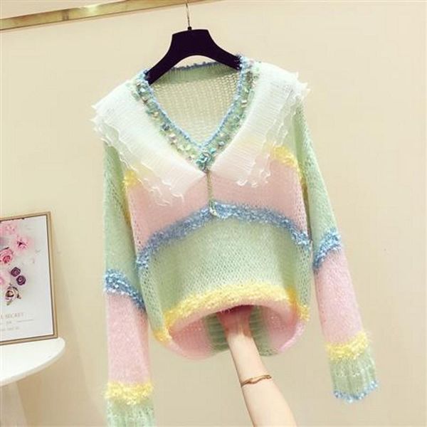 women's sweaters gauze sequined patchwork sweater women v neck colour mixture knitted pullovers 2021 autumn winter sweet ruffle jumper, White;black
women's sweaters gauze sequined patchwork sweater women v neck colour mixture knitted pullovers 2021 autumn winter sweet ruffle jumper, White;black