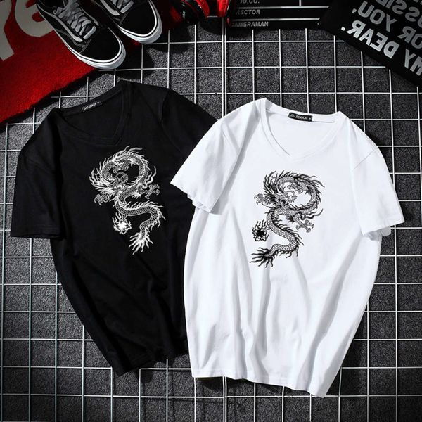 short sleeve t-shirt men's v-neck fashion brand large trend bottom coat, White;black
short sleeve t-shirt men's v-neck fashion brand large trend bottom coat, White;black