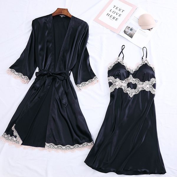 women silk robe gown set 2 pieces lounge set satin sleepwear robe ladies nightwear solid nightdress with chest pads, Black;red
women silk robe gown set 2 pieces lounge set satin sleepwear robe ladies nightwear solid nightdress with chest pads, Black;red