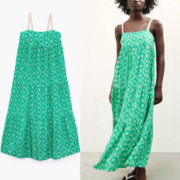 za print pleated long summer dress women sleeveless straps vintage green party dress fashion smocked elastic backless dress 210602, Black;gray
za print pleated long summer dress women sleeveless straps vintage green party dress fashion smocked elastic backless dress 210602, Black;gray