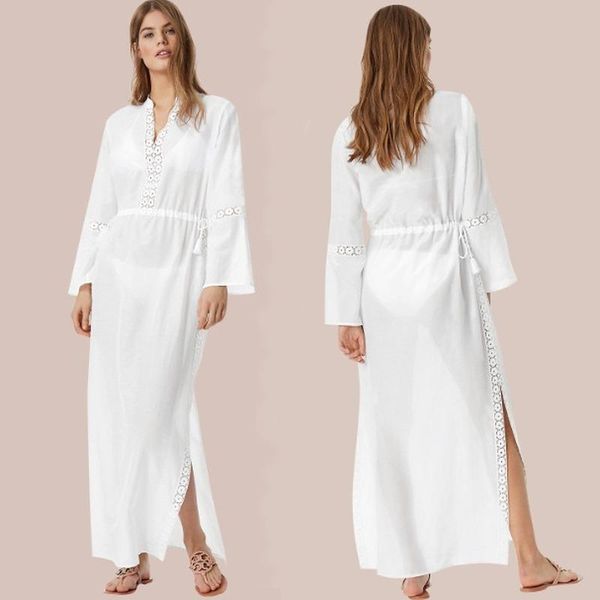 summer white slim loose waist cotton stitching lace stand collar long sleeve beach blouse holiday wear split dress women's swimwear, White;black
summer white slim loose waist cotton stitching lace stand collar long sleeve beach blouse holiday wear split dress women's swimwear, White;black