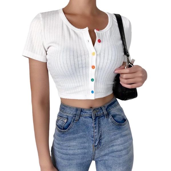 women's t-shirt female fashion short solid color vest, round neck rib with colorful button summer slim undershirt, White
women's t-shirt female fashion short solid color vest, round neck rib with colorful button summer slim undershirt, White