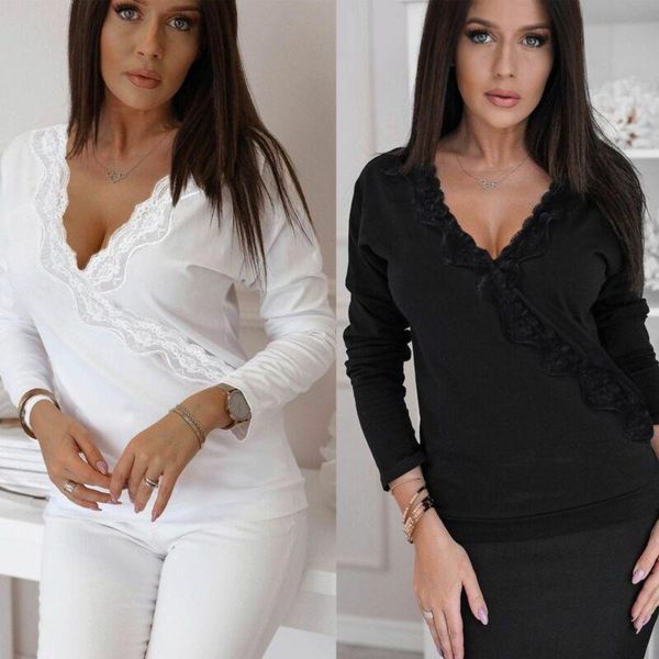 women's t-shirt womes spring autumn basic v neck lace floral long sleeve t shirt slim solid ladies tee, White
women's t-shirt womes spring autumn basic v neck lace floral long sleeve t shirt slim solid ladies tee, White