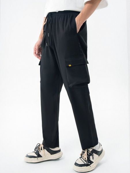men flap pocket side drawstring waist pants e5j5#, Black